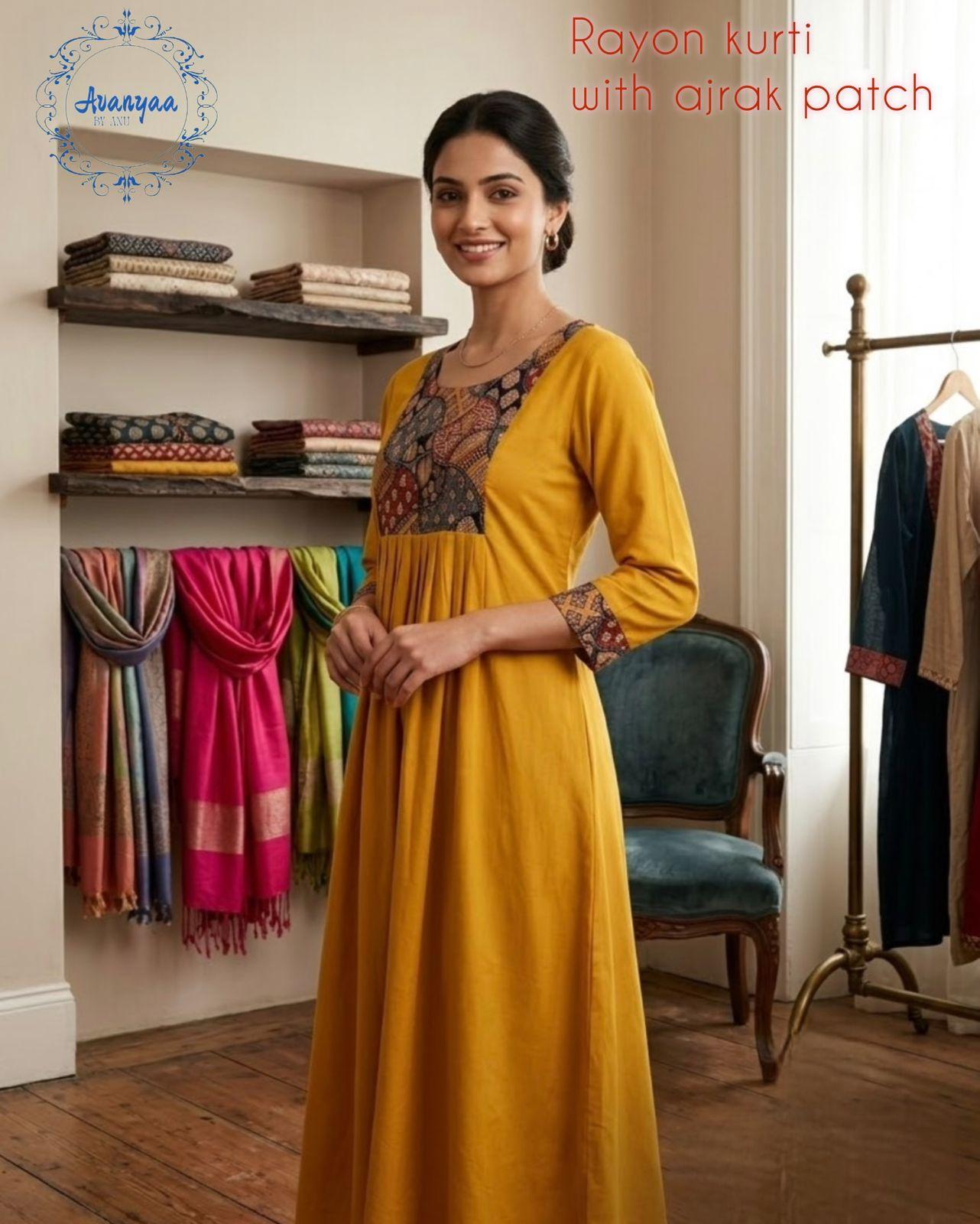 Rayon aline kurti with ajrak patch