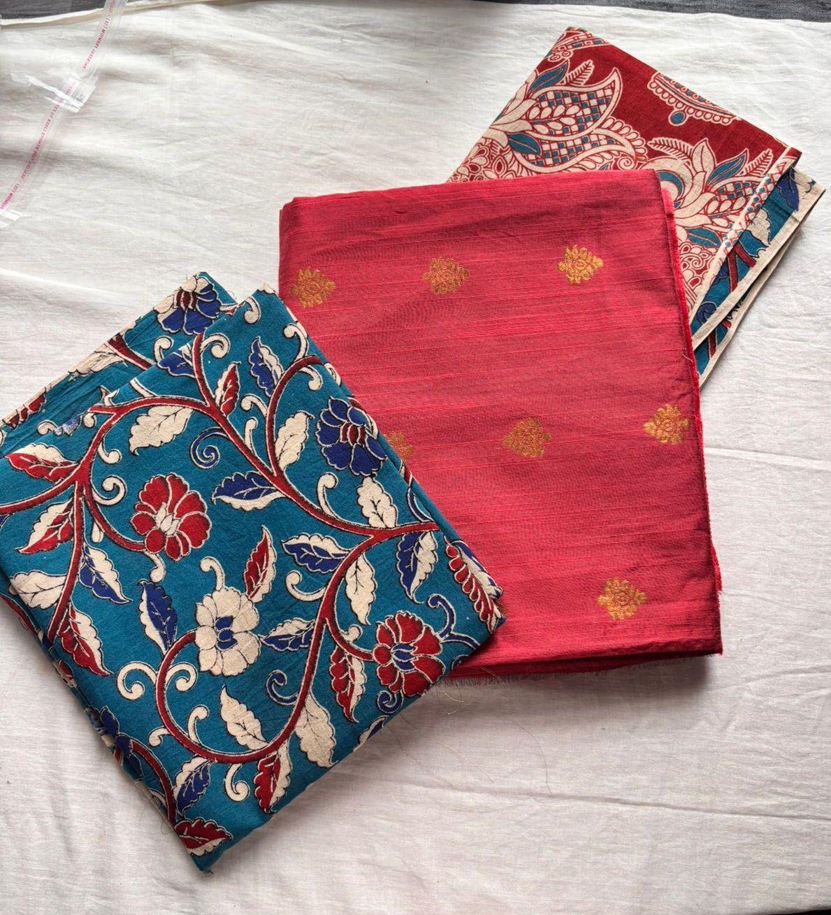 Raw silk top with kalamkari dupatta and bottom 3 piece set